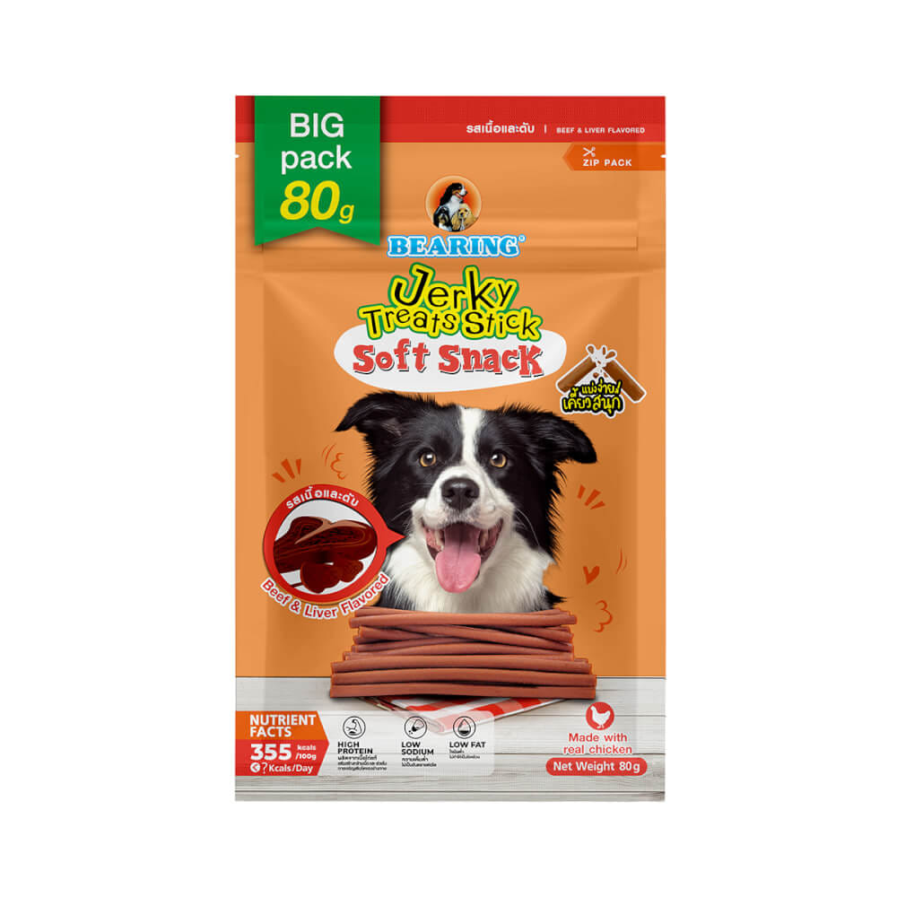 ขนมสุนัข BEARING เนื้อไก่อัดแท่ง สูตร JERKY TREATS SOFT SNACK รสเนื้อและตับ ขนาด 80G_1